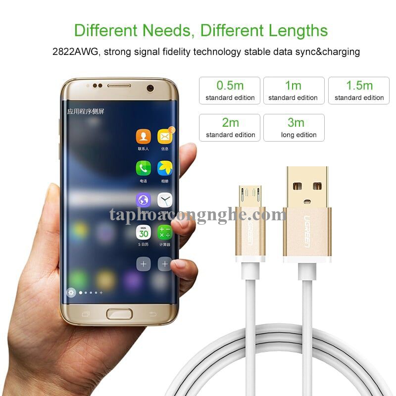 Ugreen 30659 0.5M màu Vàng Cáp sạc truyền dữ liệu USB 2.0 sang MICRO USB đầu mạ vàng US134 30030659